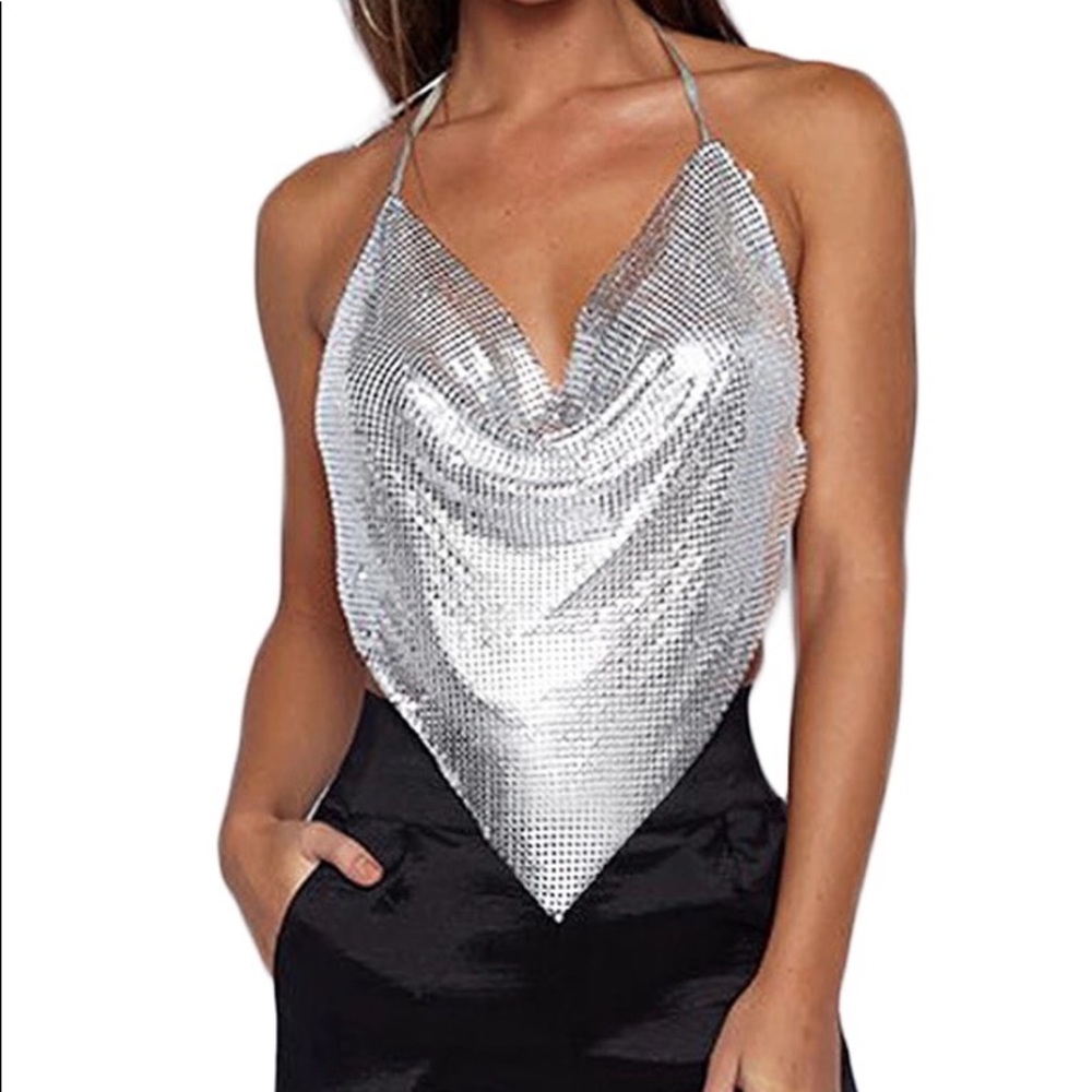 Halter Plunging Neck Backless Sequined Crop Top
